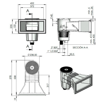 Skimmer boca ancha, tapa circular y embellecedor piscina liner y prefabricada - medidas
